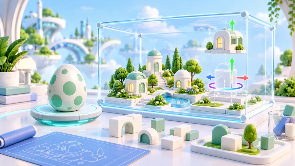 Пиксель собирает 3D-город из домов, деревьев и игровых объектов